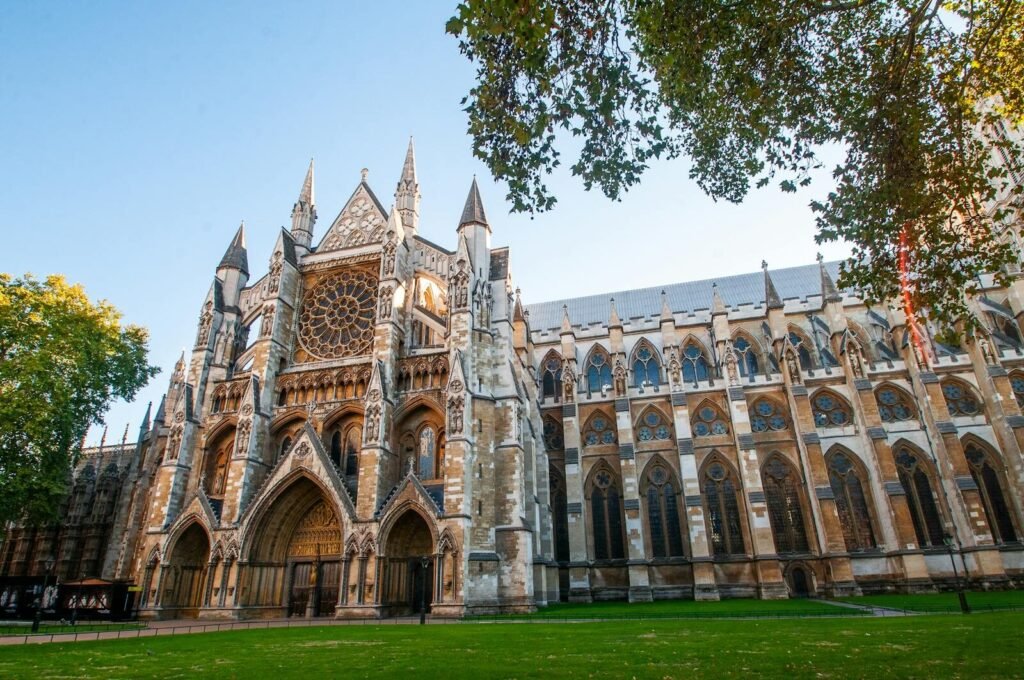 Gothic architecture of Westminster Abbey in London captured on a sunny day. Space Journey