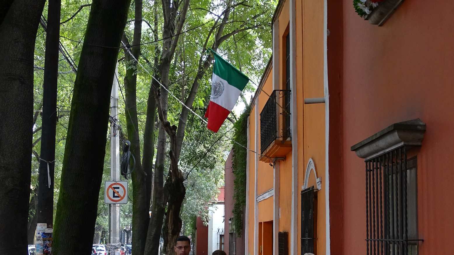 Callejón empedrado tradicional con casas pintadas de colores brillantes y bugambilias floreciendo en Coyoacán.