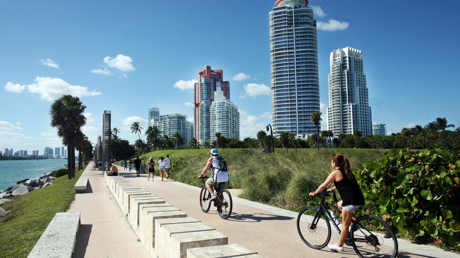 Sendero pavimentado que serpentea entre colinas de vegetación nativa en South Pointe Park al atardecer en Miami Beach.