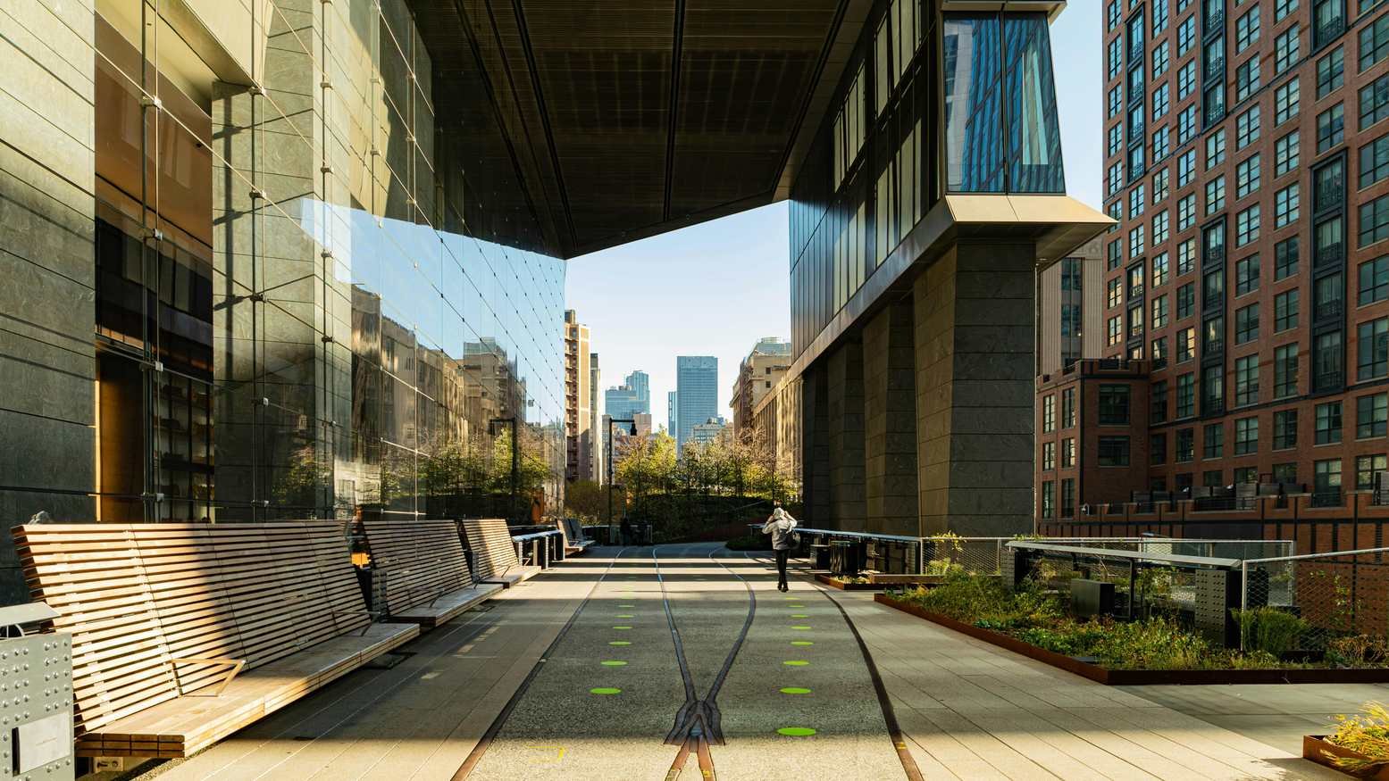 Jardín elevado lineal sobre la antigua vía férrea industrial del High Line en Manhattan, integrado con flores silvestres y árboles.